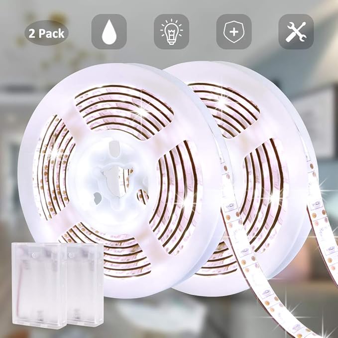 Battery Powered Led Strip Lights White, LED Strip Lights Waterproof Battery Operated Led Light Strip, Flexible, Cuttable Led Strip Lights for PC TV Mirror Kitchen Cabinet Shelves, Room Decor 13.2FT