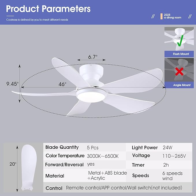 46 Inch Modern Ceiling Fans with Lights, Flush Mount Ceiling Fan with Light and Remote/APP Control, 5 Reversible 6 Speeds Curved Blades, 3 CCT Dimmable Lights for Bedroom, White