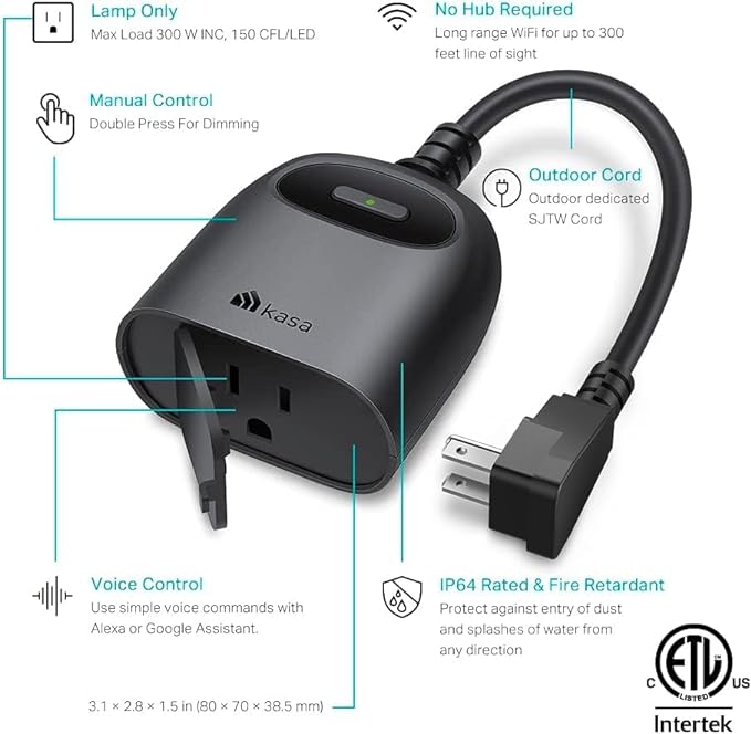 Kasa Outdoor Smart Dimmer Plug, IP64 Plug- in Dimmer for Outdoor String Lights, Compatible with Alexa, Google Assistant & SmartThings, Long Wi-Fi Range 2.4Ghz, No Hub Required, ETL Certified(KP405)