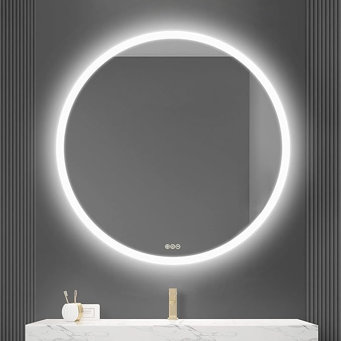 Wall-Mounted LED Round Bathroom Mirror, Makeup Mirror (32 inches x 32 inches,) 3 Color Stepless Dimmable Memory Bathroom Vanity Mirror with Lights CRI90+ 3000-6400K Smart Mirror with Touch