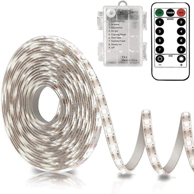echosari Battery Operated Led Strip Lights White with Remote, 8 Modes, Dimmable, Timer, Self-Adhesive, Cuttable, for PC TV Kitchen Cabinet Shelves Bedroom Decor (3m 90LED)