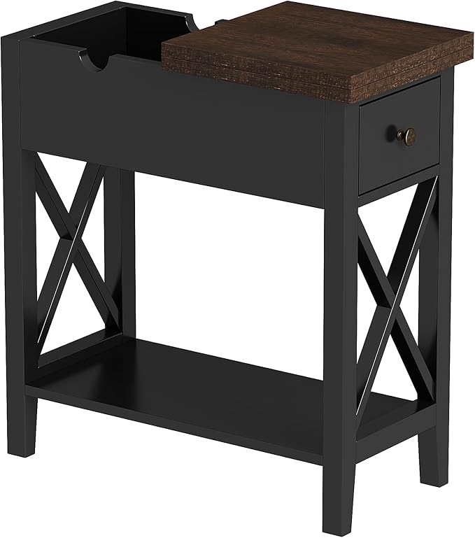 ChooChoo Rustic End Table with Drawer, Accent Small Side Table Nightstand for Living Room, Bedroom, and Small Spaces - Black & Brown
