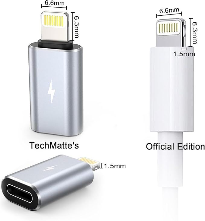 TechMatte Female USB C to Male Lightning Adapter 2 Pack 2.2A Charging Data Transfer, Compatible with iPhone 14, 13, 12, 11 Xs iPad iPod AirPods, Not for Audio Headphones/OTG Firewire Anti-Lost, Grey