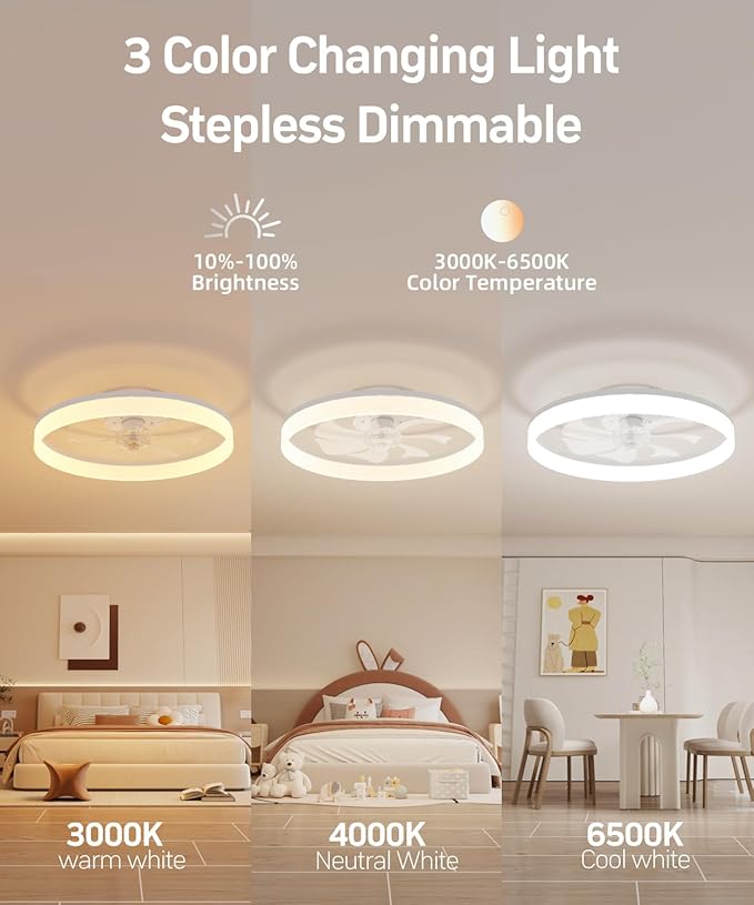 Smart Ceiling Fans with Light and Remote,20'' Low Profile Ceiling Fan with 6-Speed & Dimmable LED, Alexa/APP Home Voice Control, App, Reversible Airflow, App Timer, for Beedroom（White）