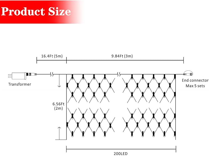 AWQ 200 LED 9.8ft x 6.6ft String Lights Net Mesh Lights Christmas Net Lights 8 Modes for Christmas Wedding Party Home Garden Lawn Bushes Indoor Outdoor Decor (9.8ft x 6.6ft, White)