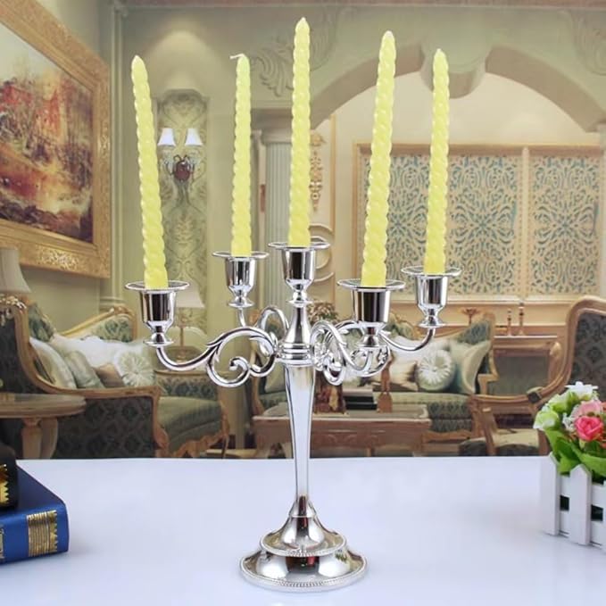 Black Candelabra Candle Holders for Pillar Candles 10.6 inch Tall, 5 Candle Candlestick Holder for 1/2-1 inch Taper Candles Halloween Candelabra Decoration Easy Assembly (Silver)