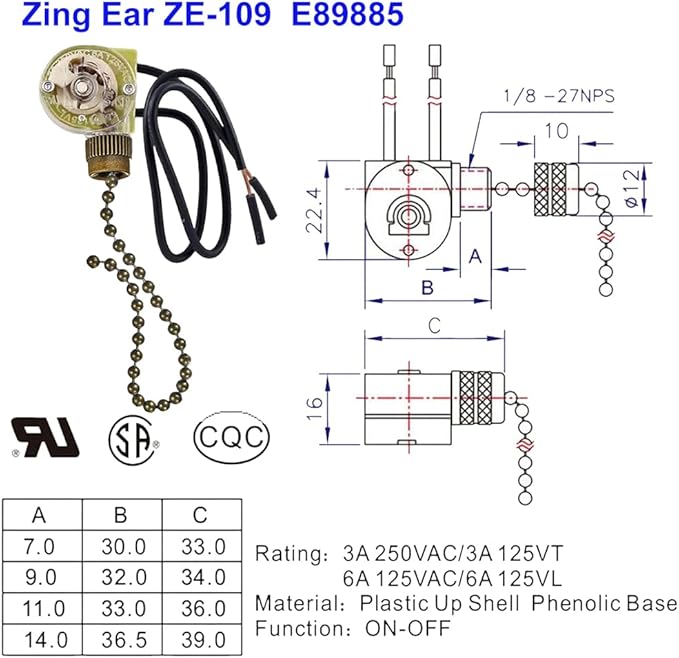 Ceiling Fan Light Switch Zing Ear ZE-109 Two-Wire with Pull Cords,On/Off Control Light Switch for Ceiling Fans, Lamps & Wall Lights – Compatible with Harbor Breeze Replacement Parts, (2-Pack, Bronze)