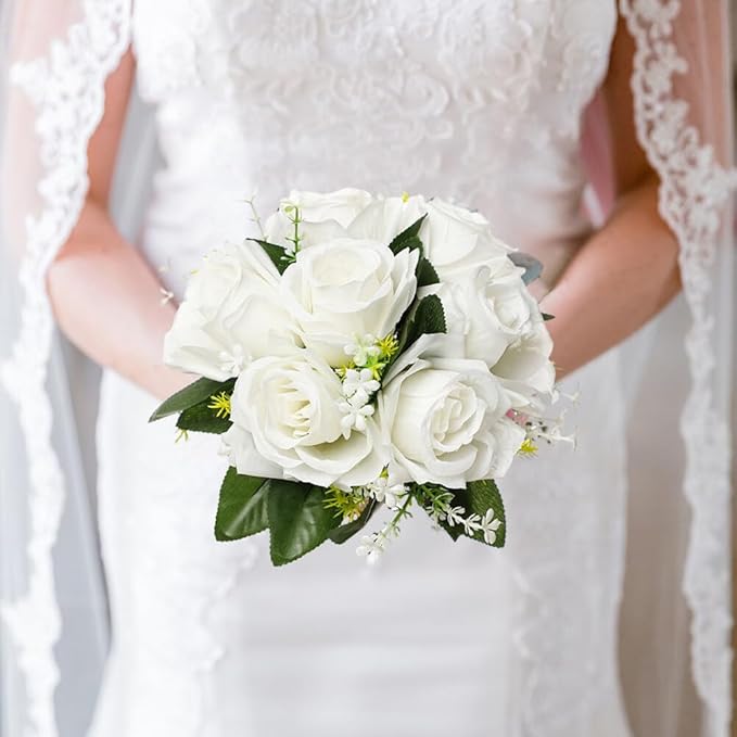 Eforcase Wedding Bouquet - Artificial White Rose Flower Bouquets for Bride and Bridesmaid - Faux Ribbon Holding Flowers for Wedding Decor