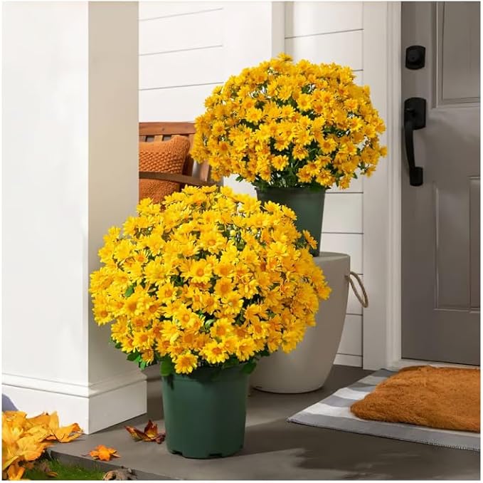 Artificial Mums for Outdoors, Faux Sunset Mum Flowers Planters for Indoor Outside Decor, Fake Look Real, Vibrant, UV Resistant, Waterproof, Windproof (Yellow, 10 Bundle)
