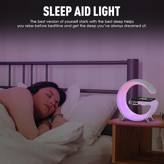 Smart LED Table Lamp, 4-in-1 Wireless Charger, Night Light, Alarm Clock, and Bluetooth Speaker with App Control for Bedroom, Office, and Home Decor (Black)