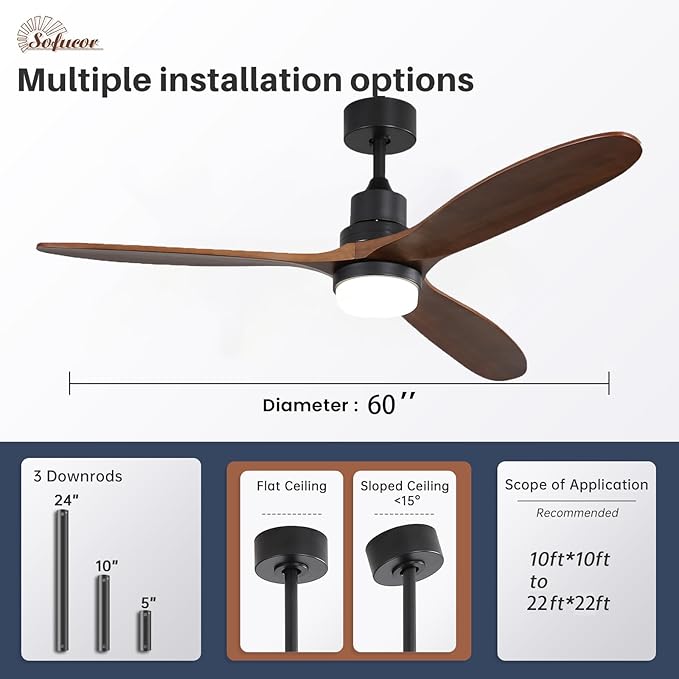 Sofucor 60 Inch Ceiling Fans with Lights, Walnut Solid Wood Ceiling Fan with Light Remote Control, Indoor/Outdoor Ceiling Fan with Reversible DC Motor, 3 Blade Fan Light for Bedroom Patio Farmhouse