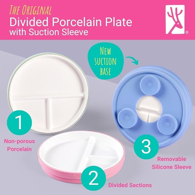 Elk and Friends Kids 7.8” Porcelain Divided Plates with Silicone Suction Sleeves | Suitable for Kids/Toddlers | Microwave & Dishwasher Safe | Non Slip | Snack Dishes | 4 Pack