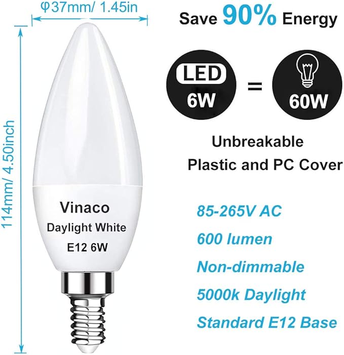 Vinaco E12 LED Bulb, 2 Pack E12 Candelabra Bulb 60 Watt Daylight White 5000K, High Brightness 600LM & 25000+ Long Lifespan E12 Bulb, E12 Candelabra Base, Light Bulb for Ceiling Fan Light Bulb