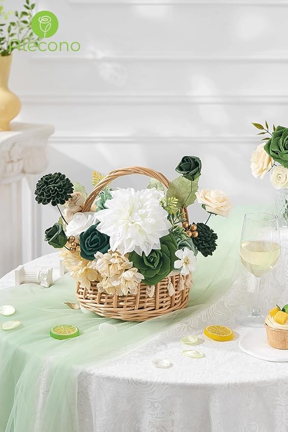 Alecono Artificial Flowers, Silk Fake Green Flowers Combo Box for DIY Cake Wedding Decorations, Faux Flowers for Table Centerpieces Baby Shower Party Home Decor