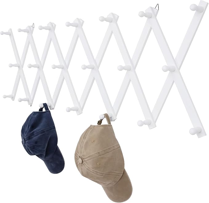 Wall Rack with 20 Hooks, Wooden Wall Expandable Coat Rack for Coat, Hats, Baseball Caps, Coffee Mug, Jewelry(White)