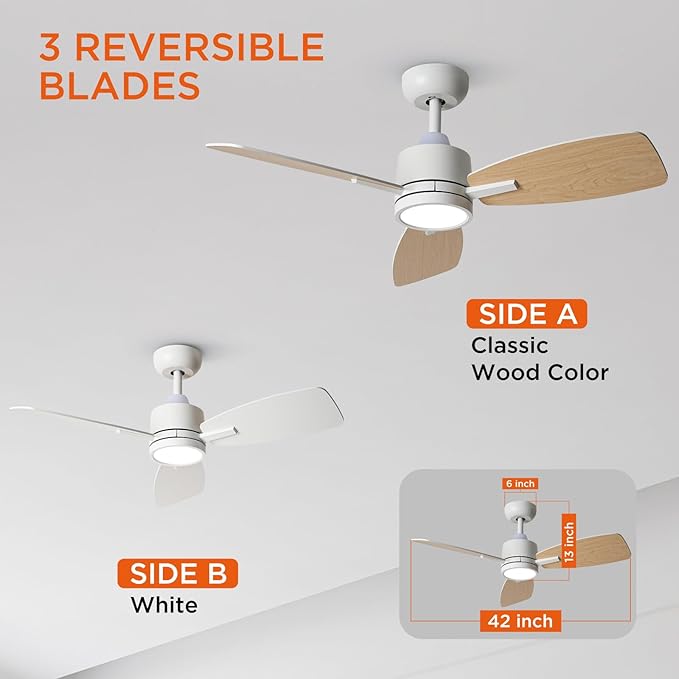 TALOYA Ceiling Fan with Lights Remote Control, 42 inch, Reversible Quiet DC Motor, 3 Dual-Faced Blades Modern Ceiling Fans for Bedroom Patio Indoor Covered Outdoor White