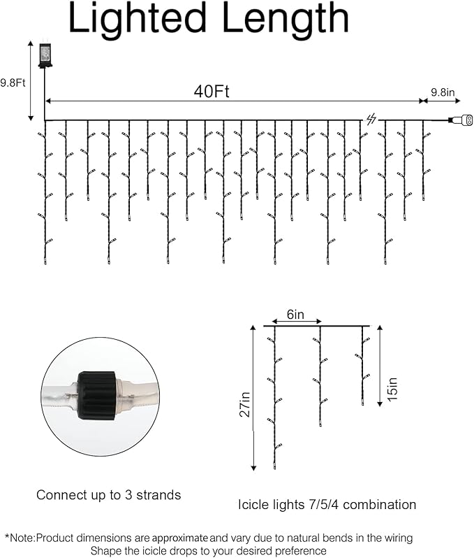 Brightown Icicle Lights Outdoor, 40Ft White Christmas Lights with 81 Drops and 432 LED Icicle Drops, Remote and Timer Controlled, Perfect for House Eaves and Wedding Decor, Pure White