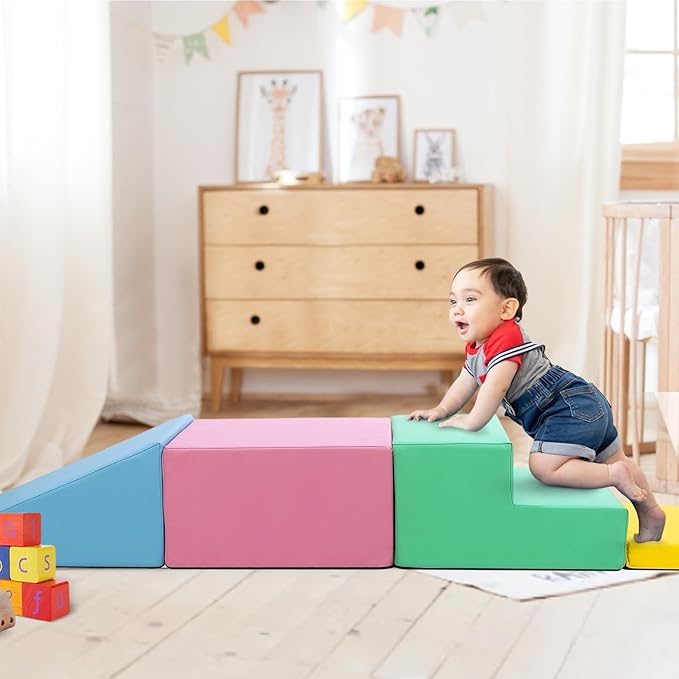 4-Piece Soft PU Leather Toddlers Climbing Toys, Baby Foam Climbing Blocks for Babies Toddlers, Waterproof Foam Play Gym Climber Structures for Toddler 3, Indoor Climb and Crawl Activity Play Set