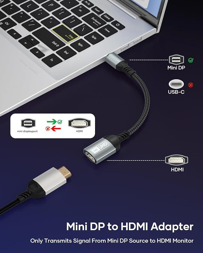 Mini DisplayPort to HDMI Adapter, 4K Mini DP(Thunderbolt) to HDMI Adapter Nylon Braided Gold-Plated Connector for MacBook Pro, MacBook Air, Mac mini, Microsoft Surface Pro 3/4, etc