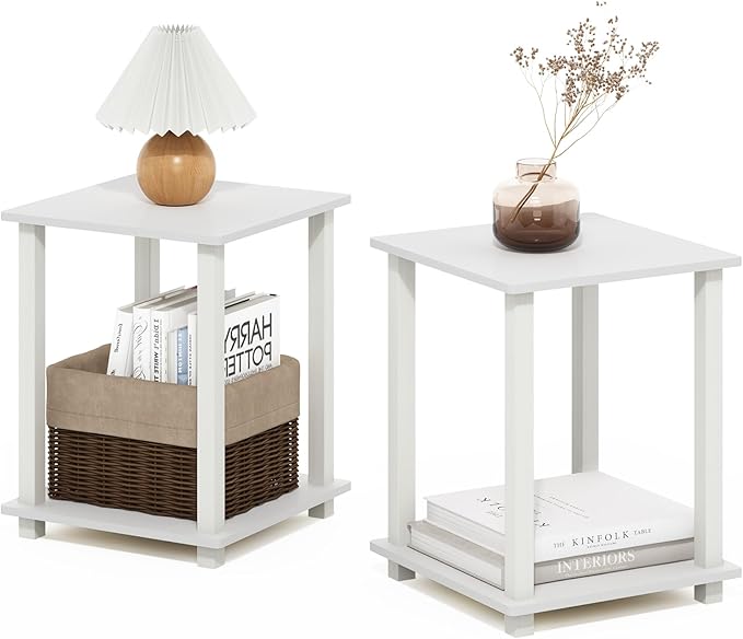 Furinno Simplistic Side Table Set of 2, 2-Tier End Table, Nightstand, Night Stand, Bedside Table, Easy Assembly, for Living Room, Bedroom, White