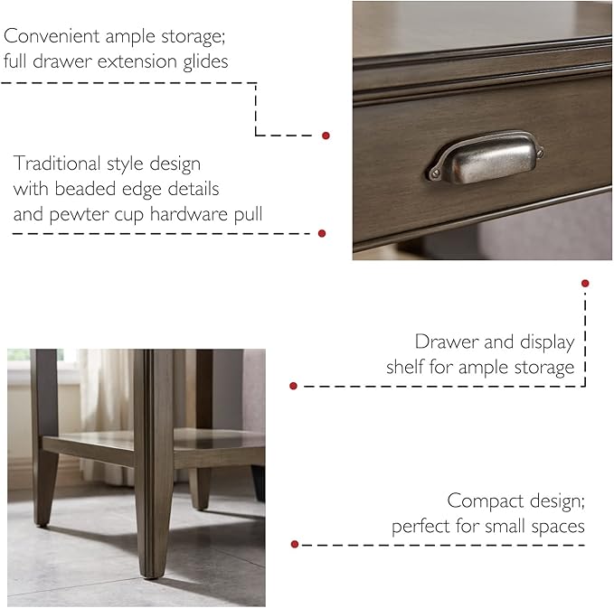 Laurent 20 in. Solid Wood End Table with Shelf and Drawer, Smoke Gray – Leick Home, 10507-GR