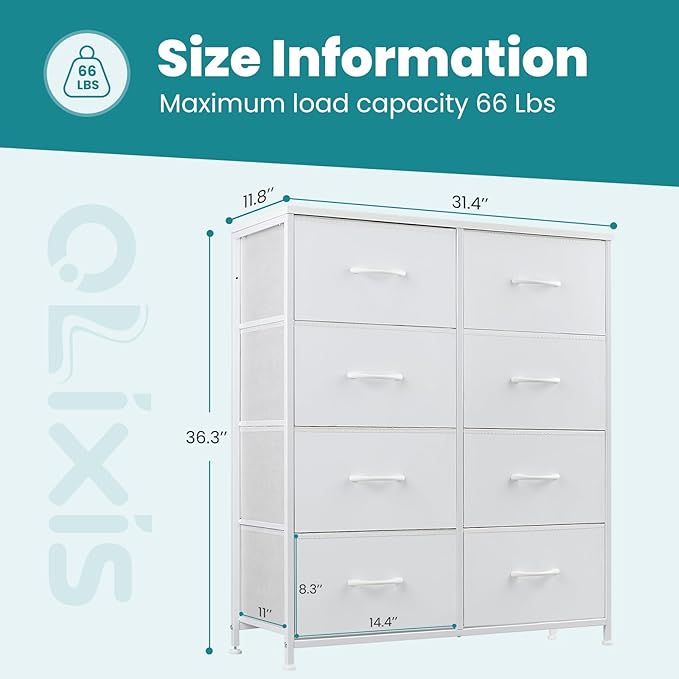 OLIXIS Dresser for Bedroom, 8 Storage Drawers, Tall Large Fabric Storage Tower Organizer, Chest of Drawers with Metal Frame Wooden Top for Nursery, Closet, Living Room, Entryway, Classic White