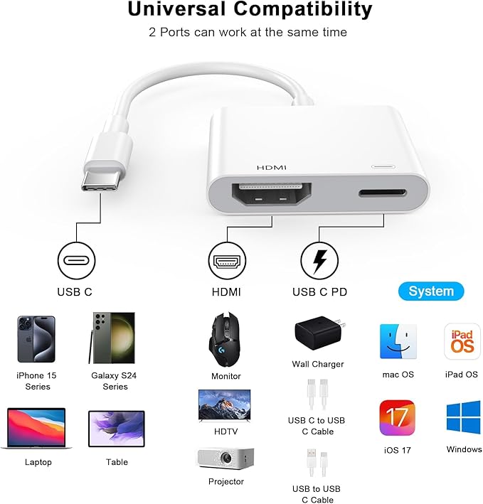 USB C to HDMI Adapter, Type C Digital AV HDTV Adapter 4K@60Hz HDMI Sync Screen Connector Cable with 100W USB C Charging Port for iPhone 16/16 Plus/16 Pro/16 Pro Max/15/15 Plus/15 Pro/15 Pro Max