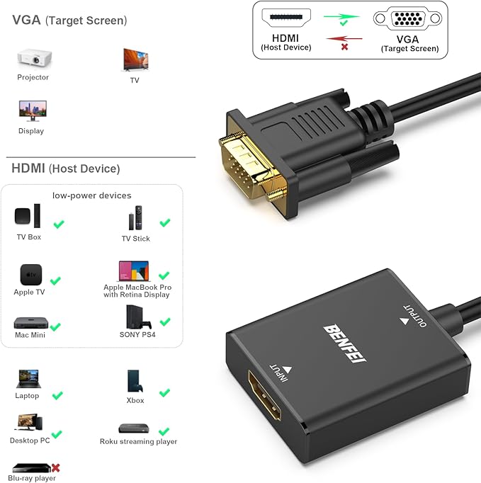 BENFEI HDMI to VGA, Uni-Directional HDMI Computer to VGA Monitor Adapter (Female to Male) with 3.5mm Audio Jack Compatible with TV Stick, Computer, Desktop, Laptop, PC, Monitor, Projector, Roku, Xbox