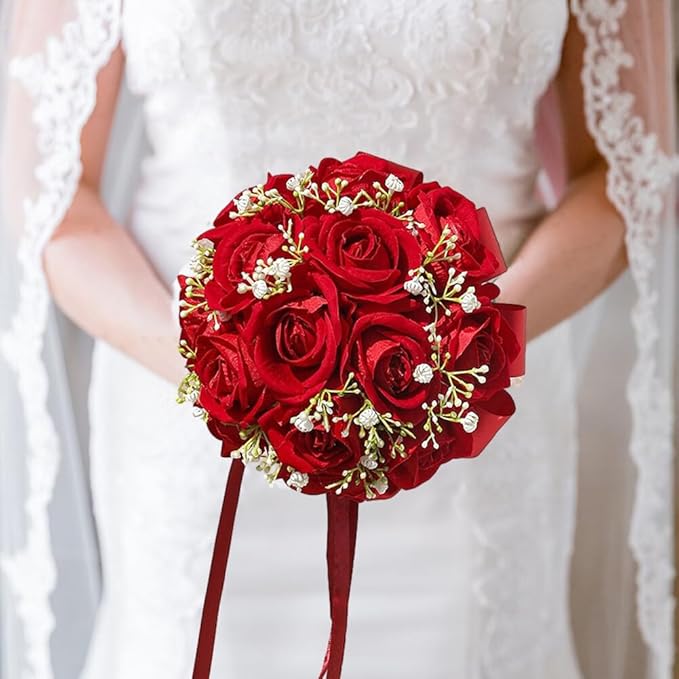 Wedding Bouquet Bride Flower Bridal Bouquets, Ribbon Artificial Rose Wedding Bouquets for Bride Bridesmaid Bouquet Dark Red Rose Bouquet Bride Bridesmaid Holding Flower for Wedding Decor