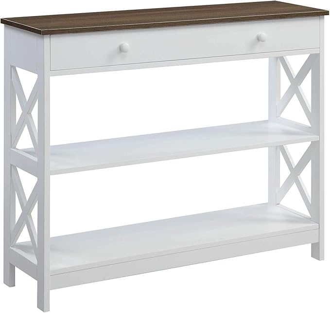 Convenience Concepts Oxford 1-Drawer Console Table 39.5" - Farmhouse Sofa Display with Storage Shelf For Living, Family, & Dining Room, Modern Entryway Hall Table for Kitchen, Bedroom, Driftwood/White