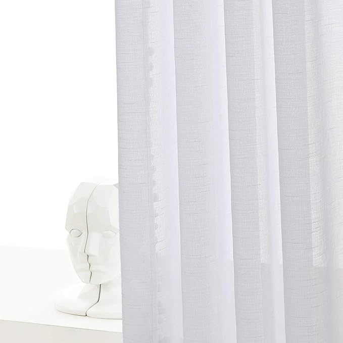 Treatmentex Pom-Pom Sheer White Curtains Extra Long 108-inch for Living Room, Slub Linen Textured White Sheer Window Drapes for Bedroom 2 Pack 52" w