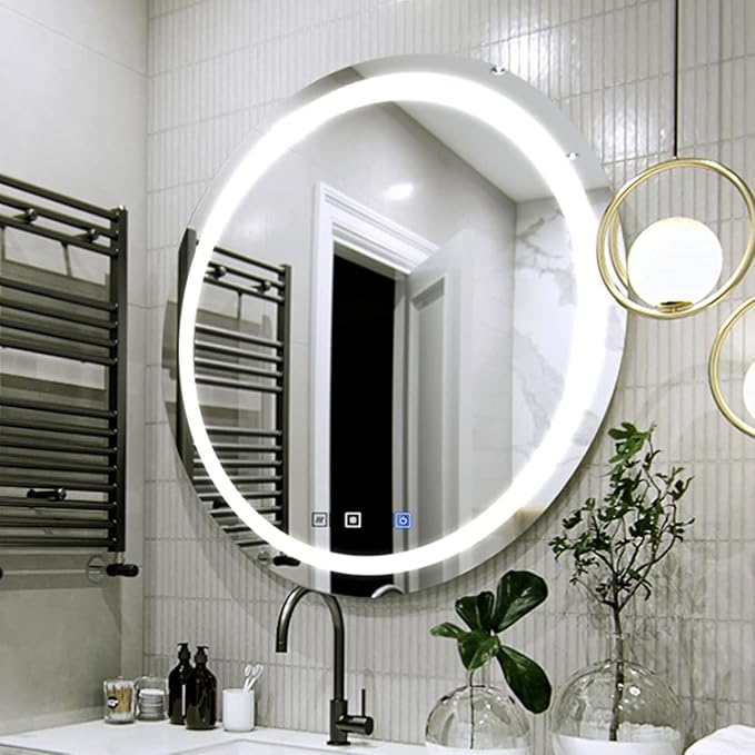 LED Round Bathroom Mirror, Wall Mounted Vanity Makeup Mirror with Anti Fog, Dimmable Touch Button, Adjustable Color Temperature, Memory Function 28 Inch by Fab Glass and Mirror