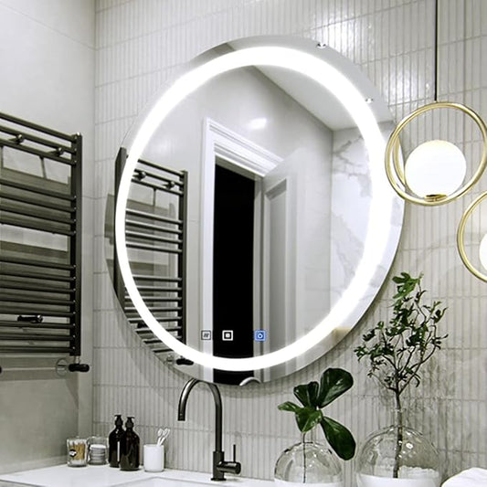 LED Round Bathroom Mirror, Wall Mounted Vanity Makeup Mirror with Anti Fog, Dimmable Touch Button, Adjustable Color Temperature, Memory Function 28 Inch by Fab Glass and Mirror
