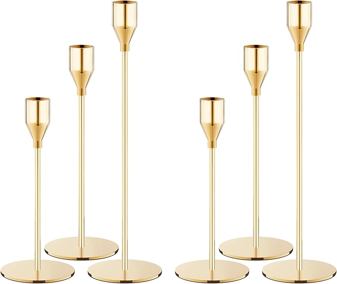 Gold Taper Candle Holders Set of 6, Metal Candlestick Holders for Table or Mantel Decor Centerpiece, Candle Stick Holder Decor for Wedding, Dinning, Party or Anniversary
