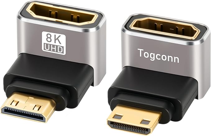 90 Degree Mini HDMI to HDMI Adapter 2 Pack, (Up and Down) Right Angle Mini HDMI (Male) to HDMI (Female) L-Shaped Converter Connector Support 8K@60Hz,4K@120Hz for Raspberry Pi Zero, Camera, Monitor
