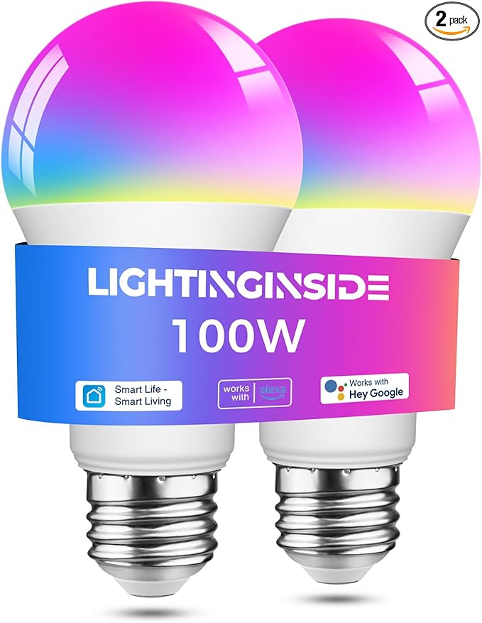 Lightinginside Smart Light Bulbs 100W Equivalent, Works with Alexa/Google Home/Smart Life, 1350LM 11W RGBCW Color Changing LED Light Bulbs, 2.4G WiFi Bluetooth Bulb, No Hub Required, ETL Listed, 2PCS