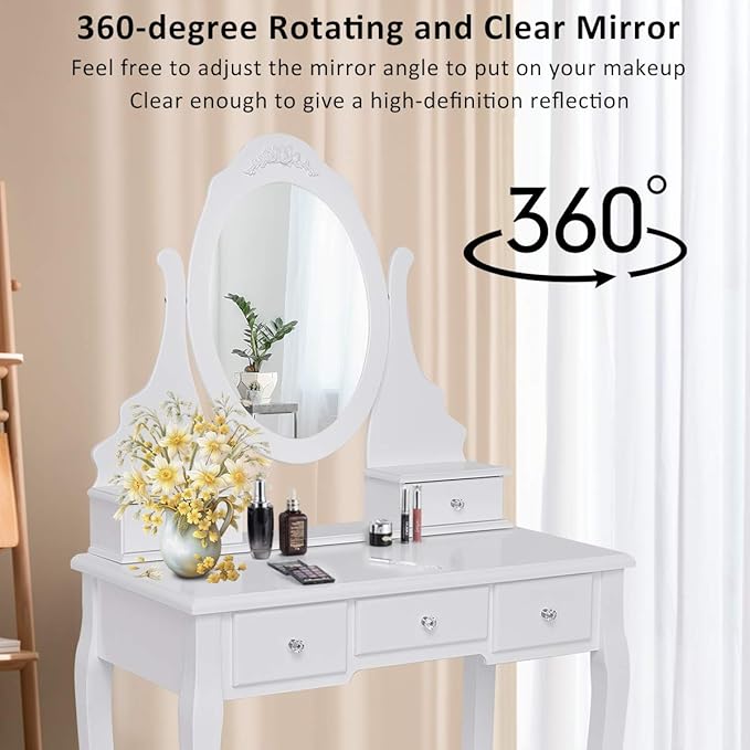 Giantex Vanity Set with Oval Mirror & Cushioned Stool, Makeup Dressing Table Large Storage with 5 Drawers, Mirrored Bedroom Vanities Makeup Table for Kids Girls Women, Easy Assembly (White)