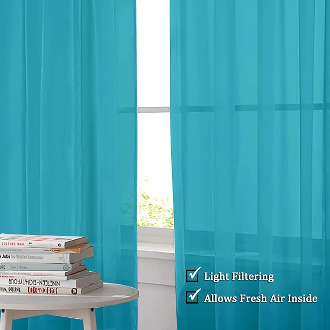 OWENIE Sheer Curtains 63 inch Length 2 Panels Set, Rod Pocket Voile Fimly Sheer Drapes for Living Room/Bedroom, 2pcs, Each 42" W x 63" L，Marine Blue