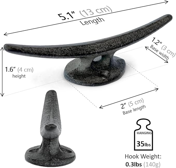 5 Pack Decorative Cast Iron Heavy Duty Double Hooks, Wall Mounted Coat Hooks, Vintage Inspired (Antique Black) (Mooring Type)