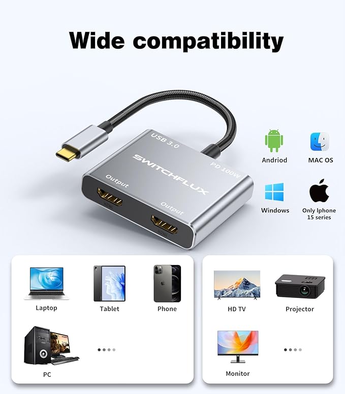 USB C to Dual HDMI Adapter |4K60Hz HDMI Splitter Extended Display for Dual Monitors,100W PD,USB 3.0 Port Converter Compatible with Laptop,Tablet,Graphics Card