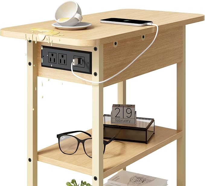 LIDYUK End Table with Charging Station, Flip Top Side Table with USB Ports and Outlets, Nightstand for Small Spaces, Bedside Tables with Storage Shelf for Living Room, Bedroom, Natural