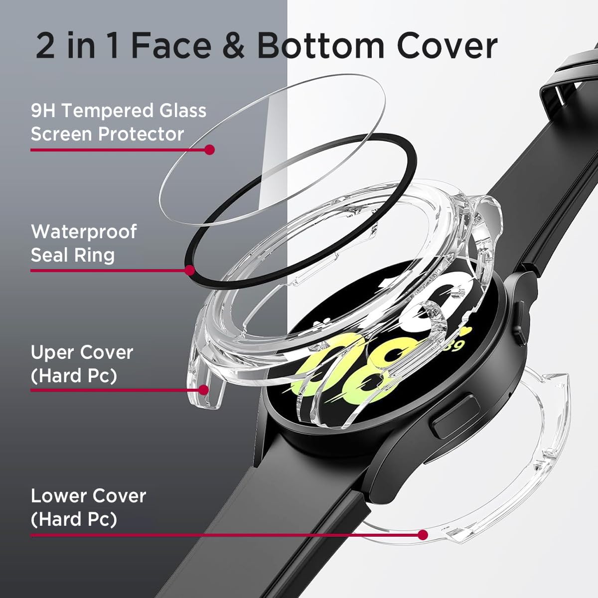 Miimall Waterproof Case for Samsung Galaxy Watch 4 & 5 40mm, Protective Bumper Case with Tempered Glass Screen Protector