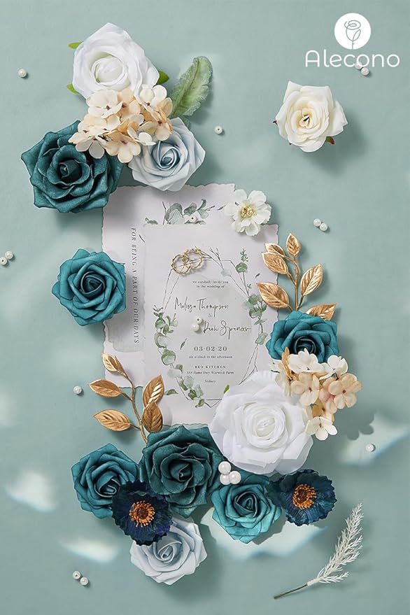 Alecono Artificial Flowers, Silk Flowers with Stems Wedding Flowers Combo Box Set for DIY, Bluish Green Wedding Cake Flowers for St. Patrick's Day Decorations