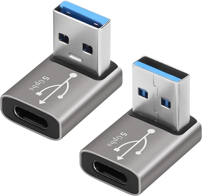 90 Degree USB to USB C Adapter 2 Pack, Up and Down Right Angle USB C Female to A Male Charger Connector Converter USB L Shape Extender, Support Charge & Data Sync for PC, Laptop, Mouse, Keyboard