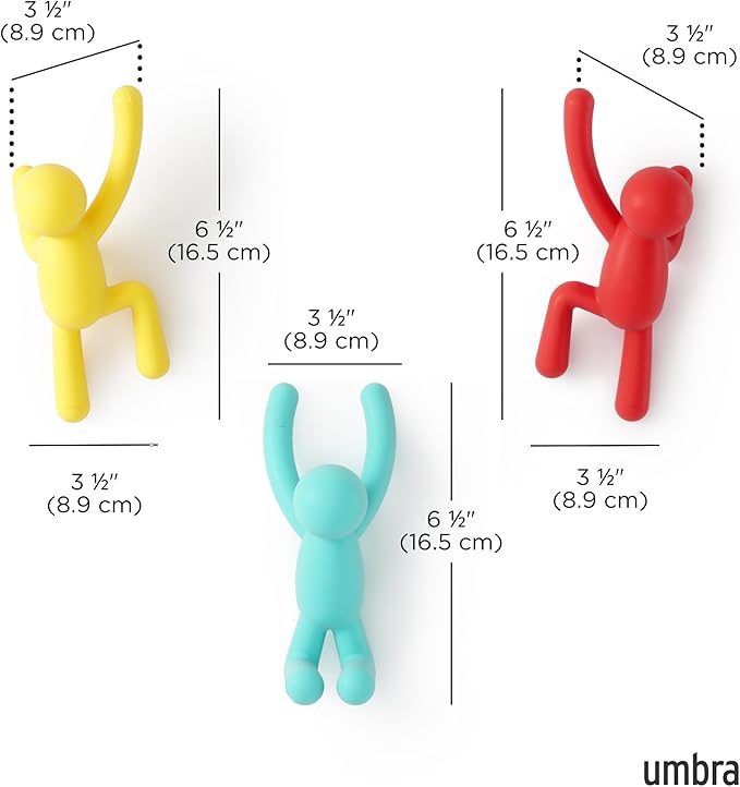 Umbra Buddy Wall Hooks – Decorative Wall Mounted Coat Hooks for Hanging Coats, Scarves, Bags, Purses, Backpacks, Towels and More, Set of 3, Bright Multicolored