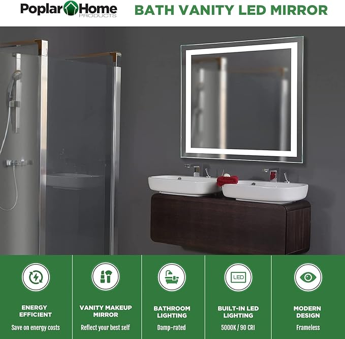 LED Vanity Bathroom Mirror 36 x 36 in. Wall Mounted, Dimmable, Lighted, Anti-Fog Mirror – Modern, Frameless Design
