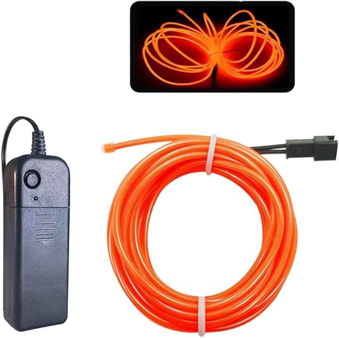 MaxLax EL Wire Orange, 16.4ft/5m Portable Battery Pack Neon Light Strip 360° Cuttable Glowing Rope Lights for Parties, Halloween, DIY Decoration