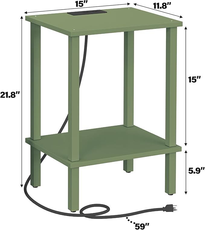 TUTOTAK End Table with Charging Station, Set of 2, Small Side Table with Outlets, Nightstand Bedside Table, 2-Tier Storage Shelf for Small Space, Living Room, Bedroom Olive Green TB01BOG041