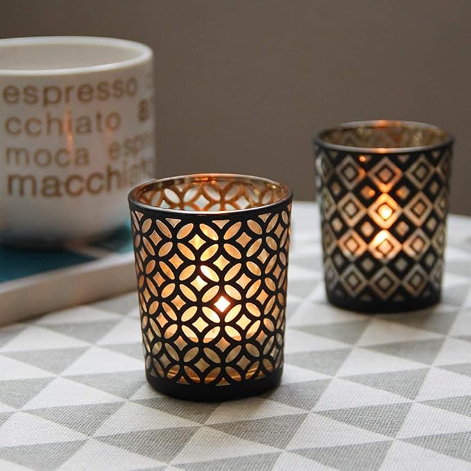 SHMILMH Halloween Votive Candle Holders Set of 12 Black Gold Glass Tealight Candle Holders with 4 Patterns Table Centerpiece for Halloween Party Table Decorations
