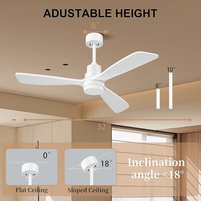 Obabala 52inch White Ceiling Fan with Lights Modern Ceiling Fan with Remote Control Reversible DC Noiseless Motor 6 Speed, Timer for Indoor Outdoor Patios